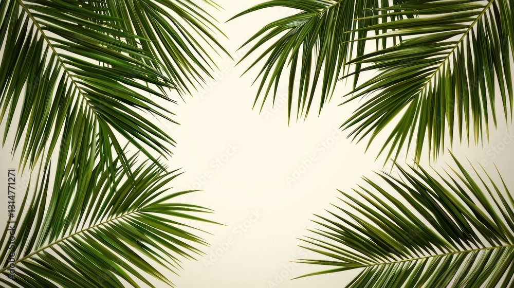 Fototapeta premium Tropical palm leaves frame, pale background, flat lay