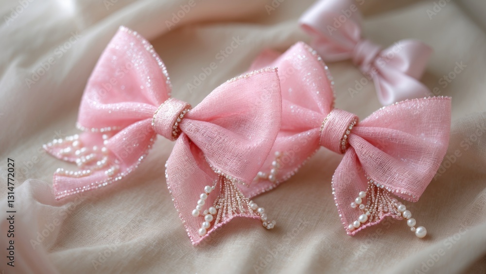 Elegant bow in a soft pink hue crafted from tulle fabric adorned with beads or pearls, embodying class and fashion. An ideal hair accessory for girls and women. Elegant bow in a soft pink hue crafted from tulle fabric adorned with beads or pearls, embodying class and fashion. An ideal hair accessory for girls and women.