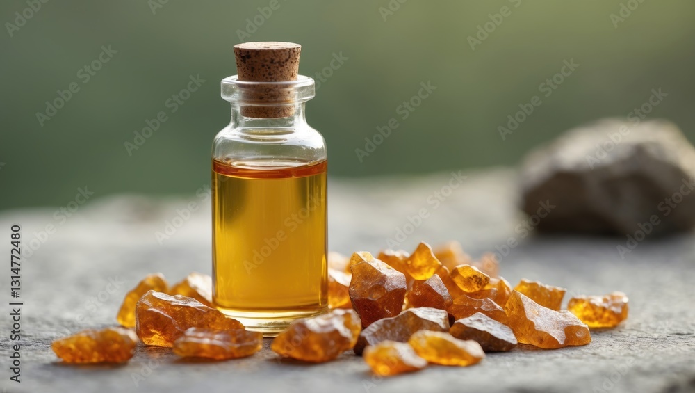 A bottle of essential oil for aromatherapy containing frankincense resin, in an outdoor setting. A bottle of essential oil for aromatherapy containing frankincense resin, in an outdoor setting.