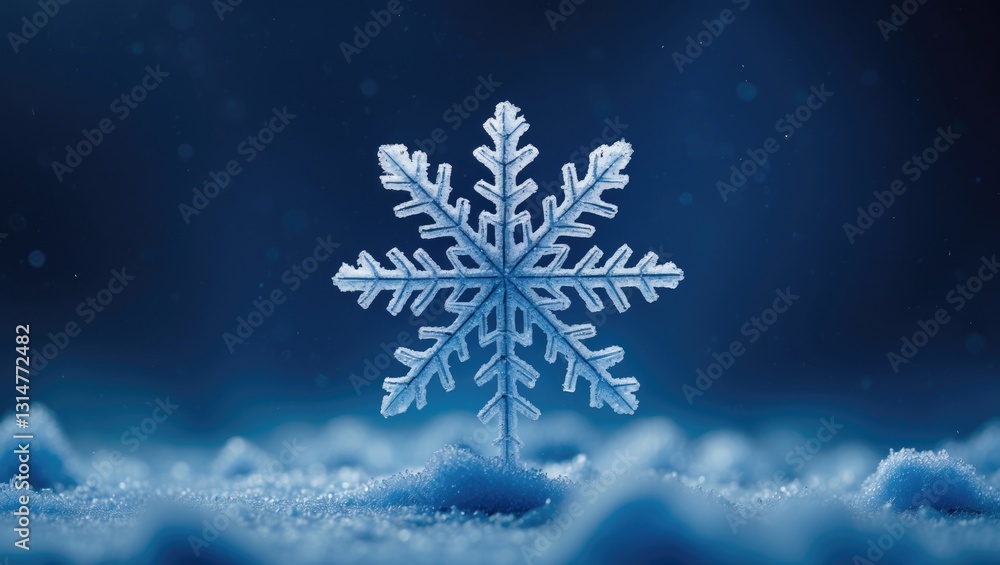 A snowflake displayed against a deep blue background.