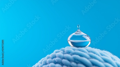 Water Droplet on Soft Texture Against Solid Blue Background