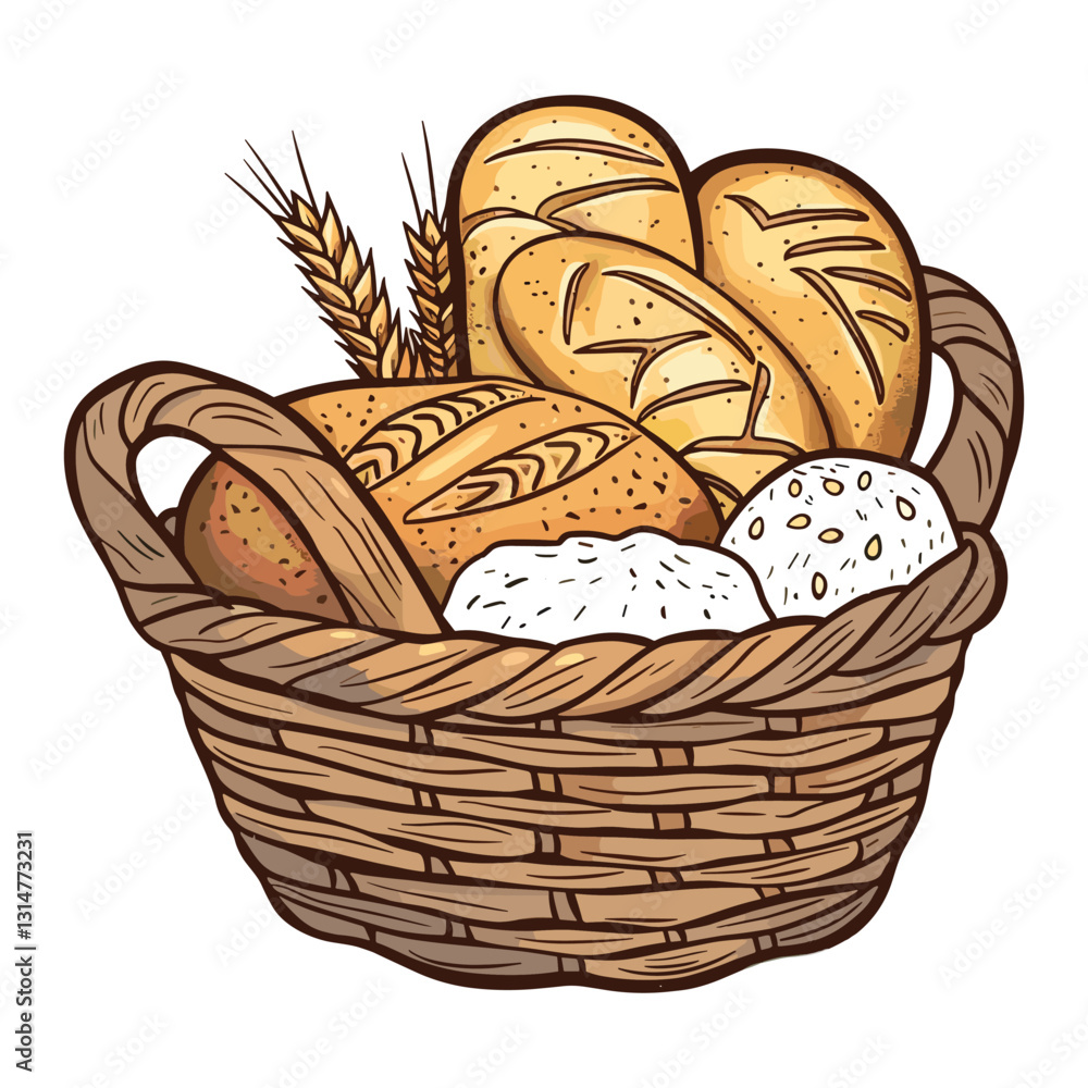Hand-Drawn Basket of Assorted Bread with Wheat - Vector Illustration