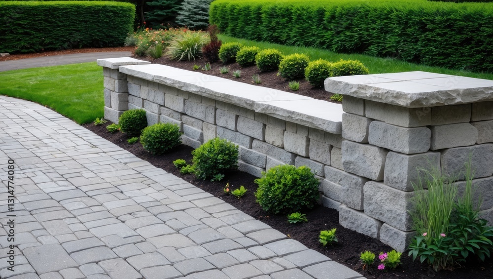 Obraz premium A seat wall featuring pillars and natural stone coping defines a driveway and serves as a beautiful landscaping element.
