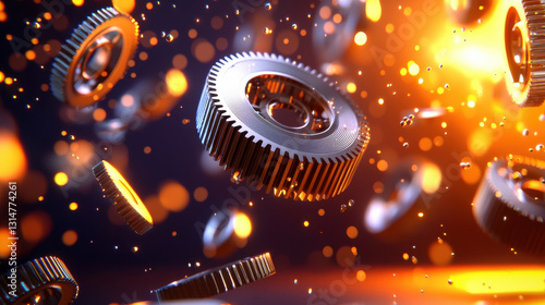 Stylized 3D rendering of gears floating in space with glowing particles, creating dynamic and futuristic atmosphere