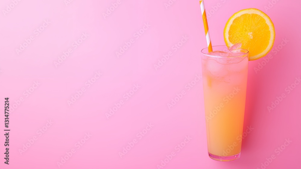 Refreshing Orange Drink with Ice and Orange Slice on Pink Background Refreshing Orange Drink with Ice and Orange Slice on Pink Background