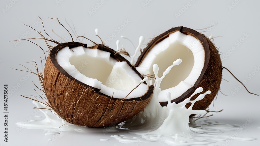 Coconut milk splashing out from a split fruit. Coconut milk splashing out from a split fruit.