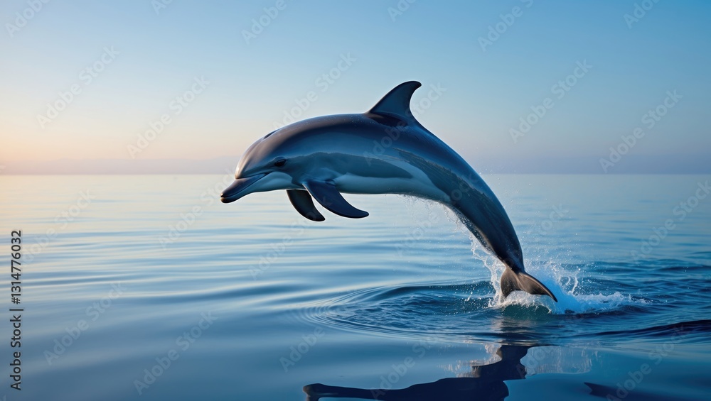 Fototapeta premium A dolphin leaps out of completely calm seawater.
