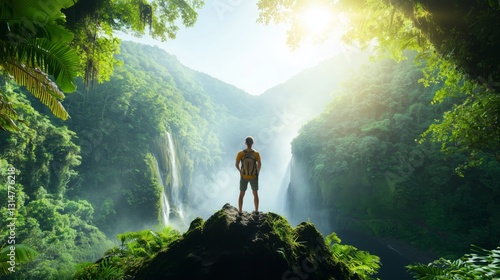 Breathtaking Mountain Landscape with Silhouette of Adventurer