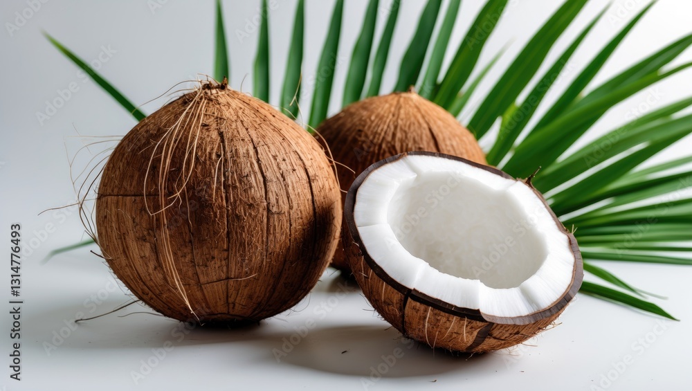 Coconut fruit cut in half, isolated on a white background. Coconut fruit cut in half, isolated on a white background.