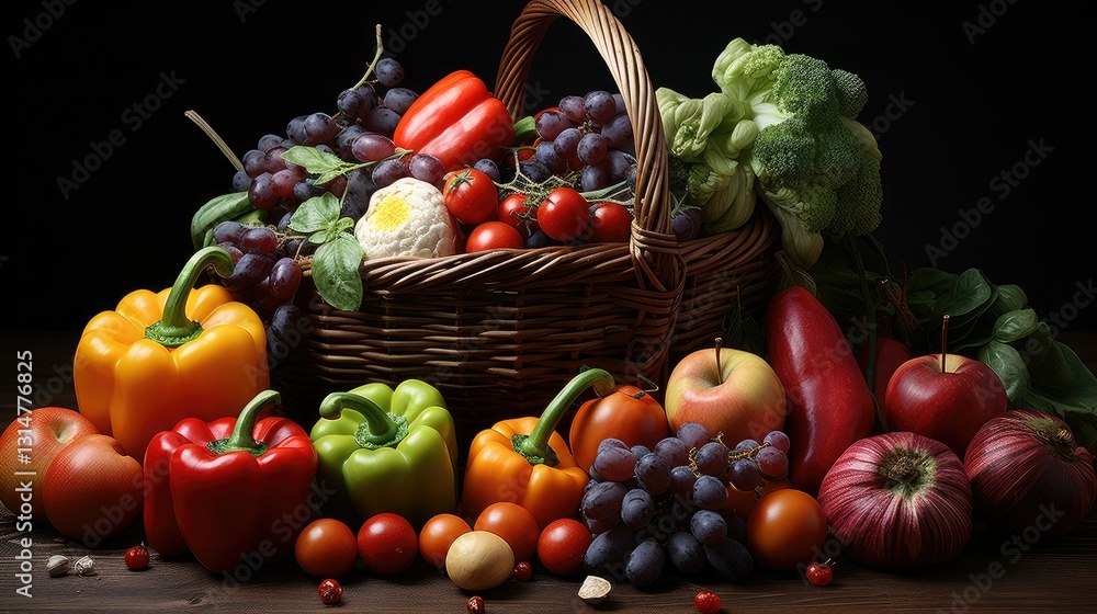 organic vegetables and fruits in wicker basket organic vegetables and fruits in wicker basket