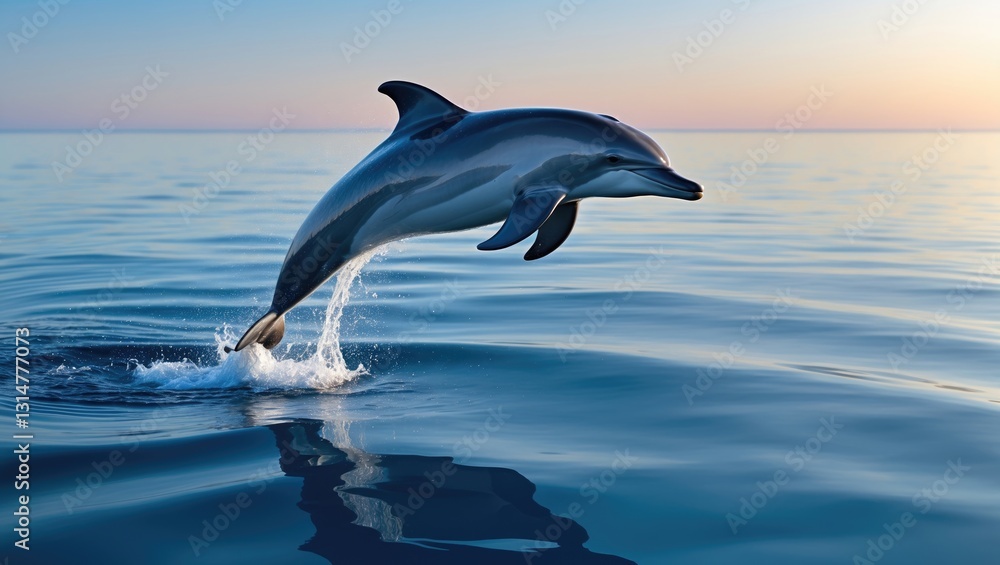 Fototapeta premium A dolphin jumps out of completely calm seawater.