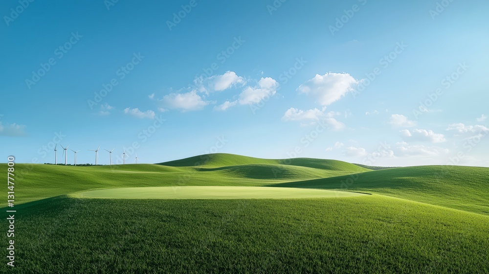 Rolling Green Landscape with Wind Turbines Under Clear Blue Sky Rolling Green Landscape with Wind Turbines Under Clear Blue Sky