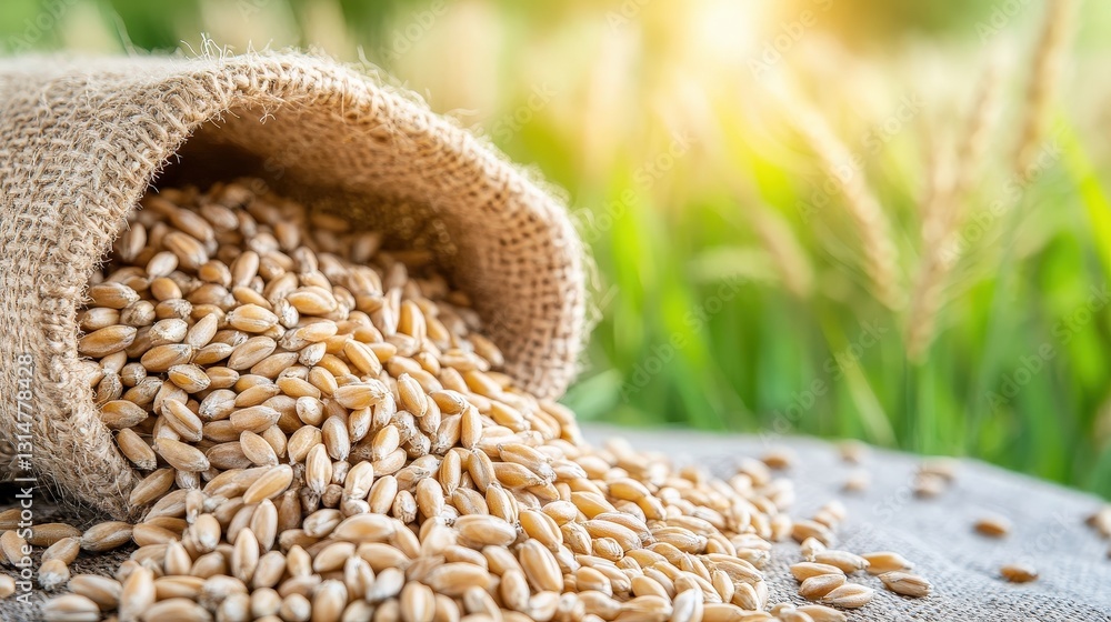 Obraz premium Close up of golden wheat grains being poured into a burlap sack in a rural field