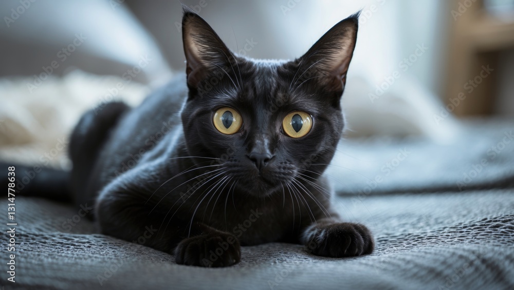 Obraz premium A fearful black shorthair cat with large eyes and dilated pupils.