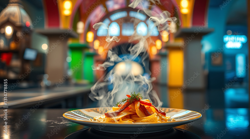 Fototapeta premium A steaming hot delicious food, beautifully plated with vibrant colors and rich flavors, Created with generative AI.