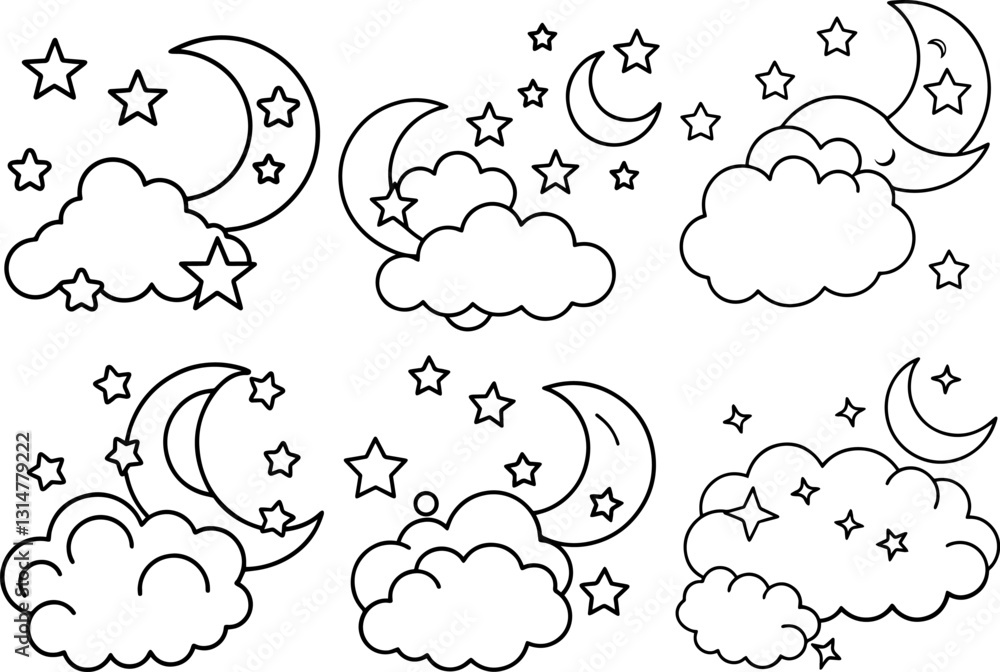 Fototapeta premium Set of crescent moon stars and clouds outline vector illustration