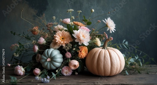 A rustic floral arrangement featuring a pastel pumpkin and flowers, depicted in anime style, displayed independently.