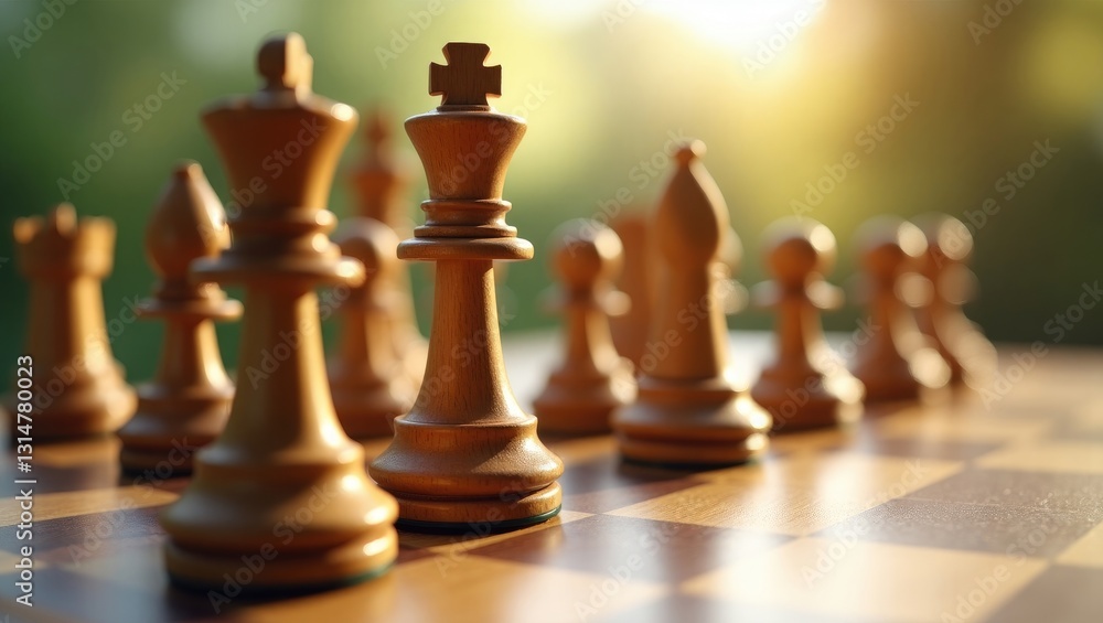 Closeup of a chessboard featuring wooden pieces placed on a table illuminated by sunlight, with a soft bokeh effect. Closeup of a chessboard featuring wooden pieces placed on a table illuminated by sunlight, with a soft bokeh effect.
