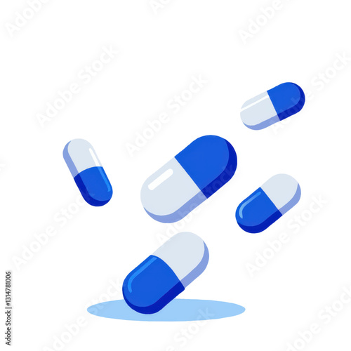 Floating blue and white capsules are depicted against white background, illustrating pharmaceutical theme