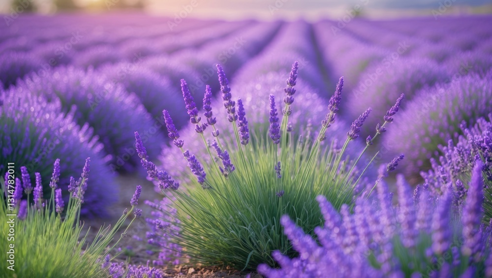Obraz premium Lavender field in bloom. Close-up of lavender sprigs with a blurred background. Culture of essential oil. Concept of aromatherapy. Lavender oil. Cosmetology.