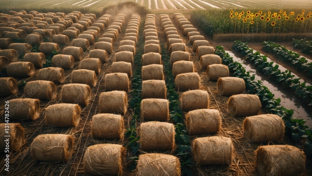 Obraz premium Aerial photography of fields filled with straw bales during harvest. Sunflowers, corn, and soybeans.