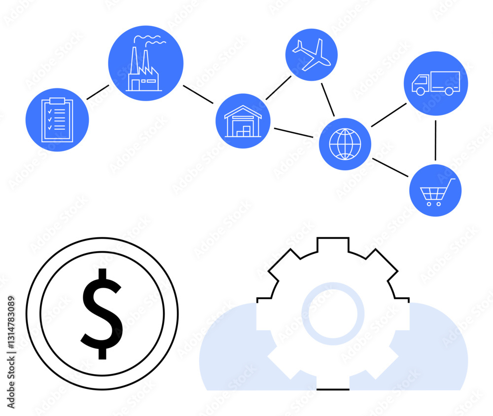 Chain of supply icons including factory, airplane, warehouse, truck, cart, and dollar sign with gear symbol. Ideal for logistics, manufacturing, economy production cycle trade planning flat Chain of supply icons including factory, airplane, warehouse, truck, cart, and dollar sign with gear symbol. Ideal for logistics, manufacturing, economy production cycle trade planning flat