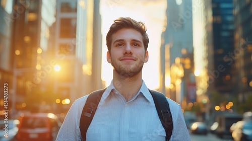 Young Man with Backpack in Urban City Street at Sunset Glow