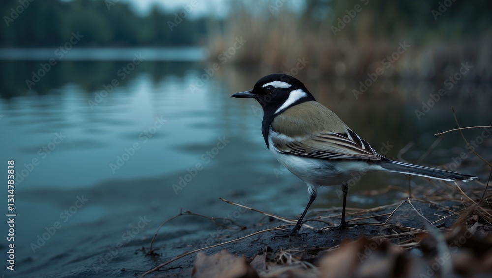 Obraz premium A pied wagtail near a lake.