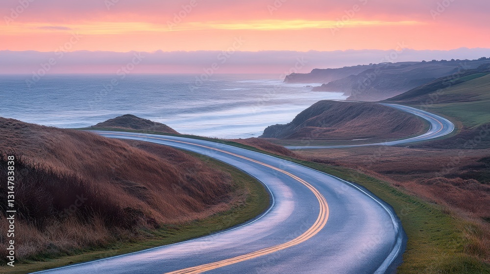Fototapeta premium A scenic coastal road winds along the shore, with rolling hills and vibrant sunset hues reflecting on the water.