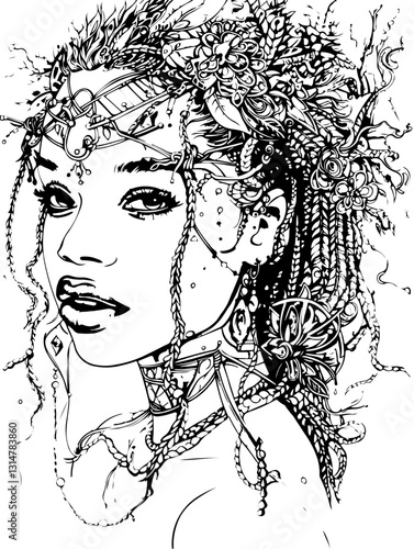 black fairy woman, coloring page, face, woman, vector, illustration, hair, fashion, art, beauty, drawing, sketch, person, design, lady, people, black, head, child, model, lips, style, silhouette, eyes