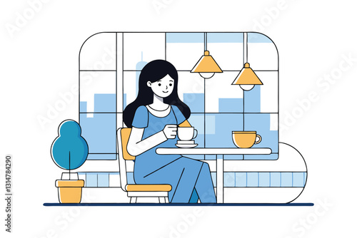 A vector art illustration of a woman sitting at a caf? and drinking a cup of coffee.eps