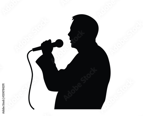 Bust Silhouette of Businessman Giving Speech with Microphone. People and activities, performance on stage concept vector art