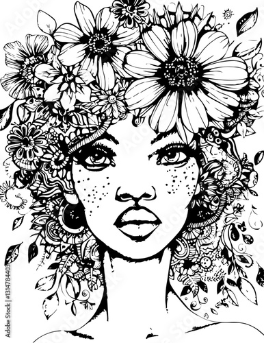 black fairy woman, coloring page, face, woman, vector, illustration, hair, fashion, art, beauty, drawing, sketch, person, design, lady, people, black, head, child, model, lips, style, silhouette, eyes