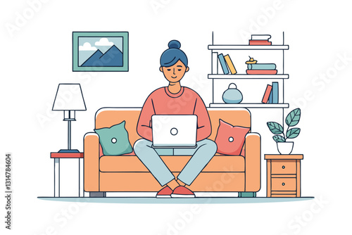 An vector art illustration of a woman working from home and sitting on a couch with a laptop.eps