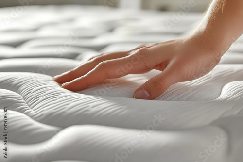 Restful Hand Touching Orthopedic Mattress, Quality Sleep for Recovery on White Background, Selective focus