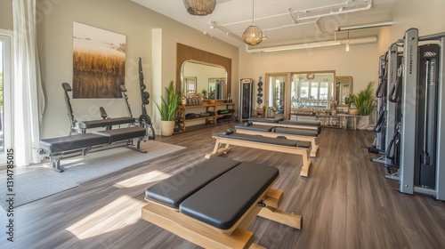 Luxury boutique fitness studio, premium equipment, personalized setups, and elegant decor