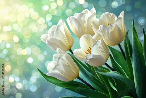 Spring White Tulips Bouquet on Green Bokeh, Symbol of New Beginnings and Fresh Spring Beauty, Selective Focus, Bokeh, Copy Space