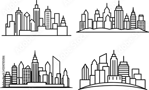 Set of city skyline with simple line details line art vector illustration