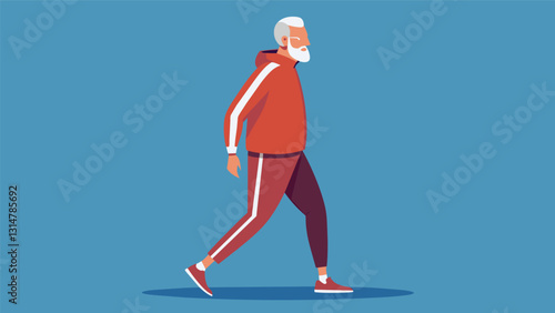 An elderly male model takes on a sporty and athletic look wearing a stylish tracksuit and sneakers while striding down the runway.. Vector illustration