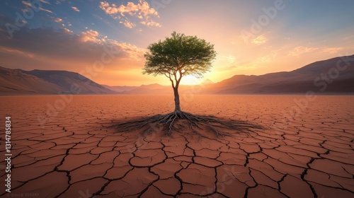 Lonely Tree in Arid Landscape Under Vibrant Sunset Sky