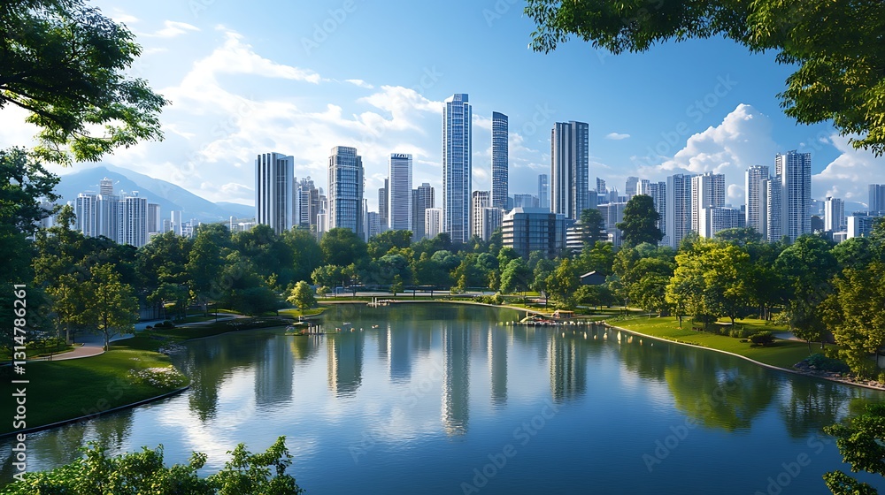 Fototapeta premium Urban Oasis: City Skyline Reflected in Serene Lake