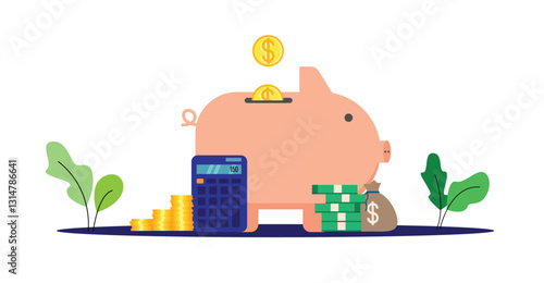 Piggy Bank with Money and Calculator Flat Style. Finances, savings and accounting services vector art