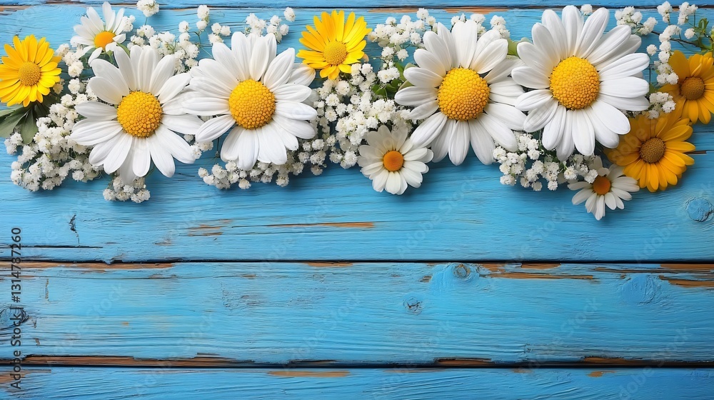 Obraz premium Delicate floral arrangement of white and yellow flowers on a blue wooden surface, perfect for spring events, weddings, or cheerful decor, evoking a serene atmosphere.