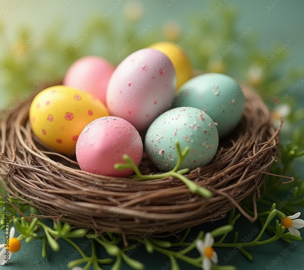 A collection of beautifully decorated Easter eggs resting in a delicate nest made of small twigs. The soft, blurred background adds a dreamy and festive atmosphere to the composition. A collection of beautifully decorated Easter eggs resting in a delicate nest made of small twigs. The soft, blurred background adds a dreamy and festive atmosphere to the composition.