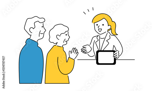 A woman showing a tablet to an elderly couple