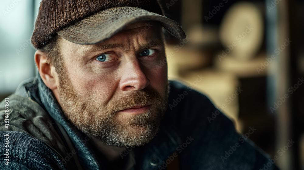 Close-up portrait of a confident carpenter wearing a cap, showcasing his skills in a well-equipped workshop filled with wood and tools Close-up portrait of a confident carpenter wearing a cap, showcasing his skills in a well-equipped workshop filled with wood and tools