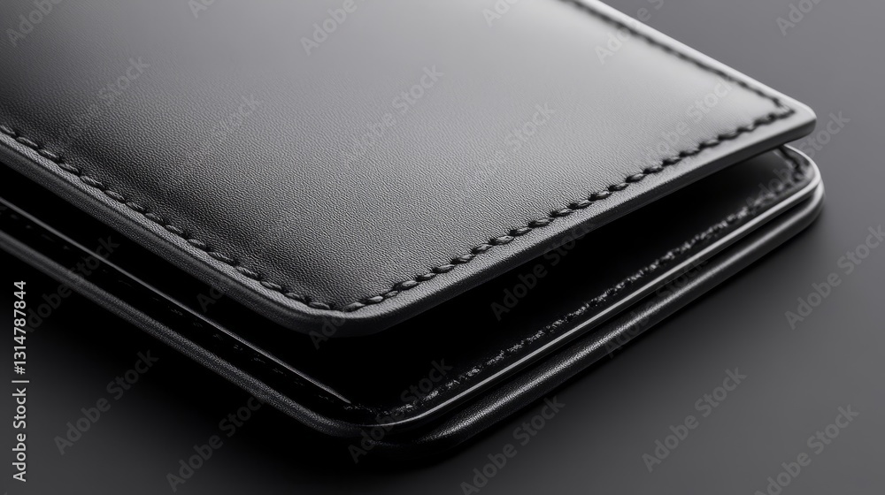 Close-up of a sleek black leather wallet showcasing fine stitching and smooth texture on a dark surface Close-up of a sleek black leather wallet showcasing fine stitching and smooth texture on a dark surface