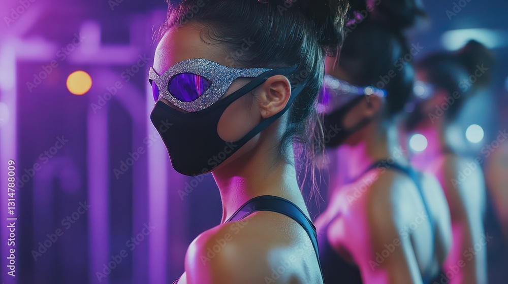 Masquerade fitness party, attendees in elegant masks and activewear, luxurious gym decor, music creating a mysterious vibe Masquerade fitness party, attendees in elegant masks and activewear, luxurious gym decor, music creating a mysterious vibe