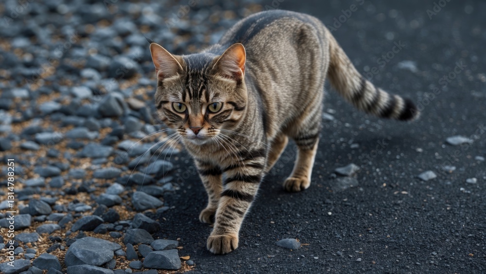 Obraz premium A cat is strolling on a rocky surface. The cat is gazing at the camera with an expression of annoyance.