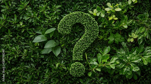 Lush Green Foliage Question Mark Symbol on a Vibrant Natural Background of Garden Wall with Abundant Deep Green Leaves